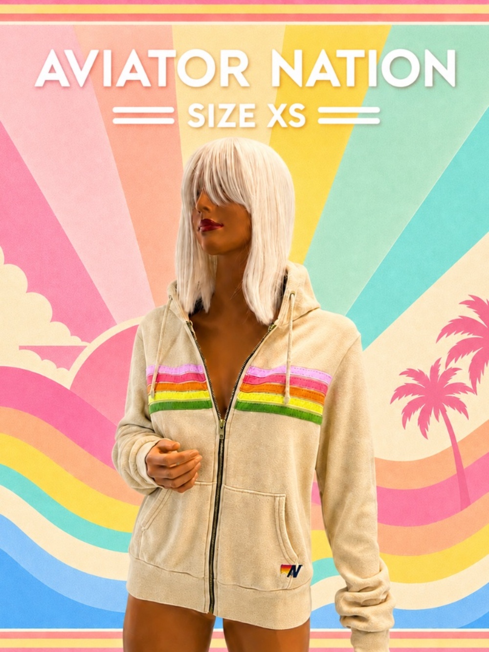 Aviator Nation Tan Zip-Up Hoodie with Rainbow Stripes size XS